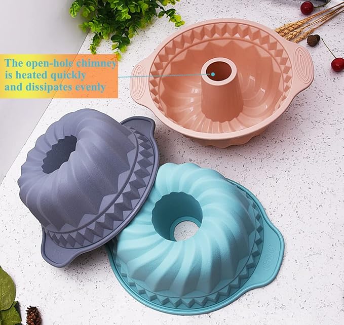 Kenond 2 PCS 9.5 Inch Silicone Cake Pans, Non-stick Fluted Cake Pan with Sturdy Handle, Cake Baking Molds, Perfect Bakeware for Cake, Jello, Gelatin, Bread, Para Gelatinas (Pink)