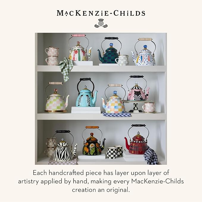 MACKENZIE-CHILDS Enamel Tea Kettle, Cute Tea Kettle for Stovetop, 2 Quarts, Pastel Pink-and-Green Palm Beach Check