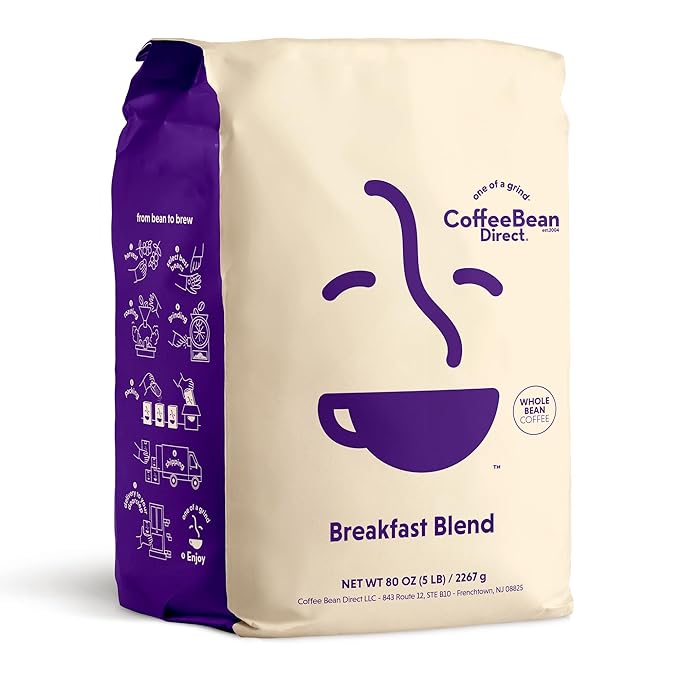 Coffee Bean Direct Breakfast Blend, Whole Bean Coffee, Mild and Mellow, Mixed Roast Level, 5 Pound Bag (Pack of 1)