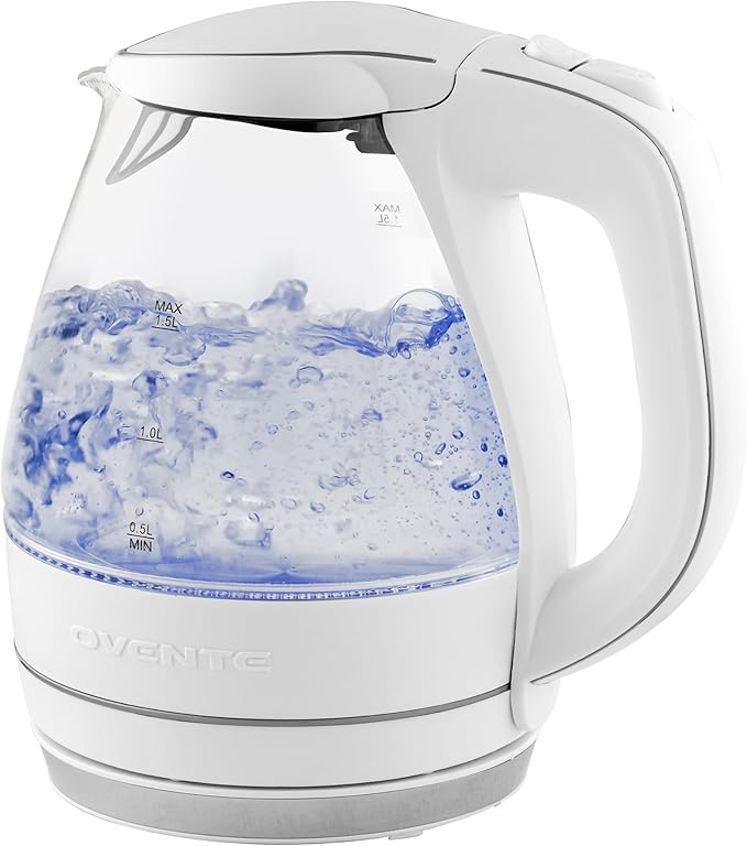 OVENTE Electric Kettle, 1.5L Borosilicate Glass Countertop Water Heater and Boiler for Coffee or Tea, BPA-Free, Auto Shut-Off, Boil-Dry Protection, Removable and Washable Spout Filter, White KG83W