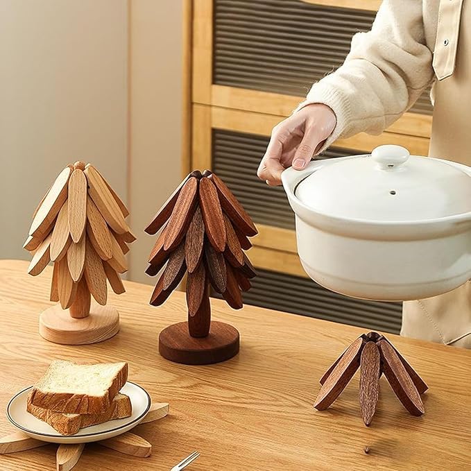Natural Wood Tree Trivet Set, 𝐍atural Tree Trivet Set - 4 Wooden Trivets,4 Wooden 𝐓rivets & 1 Stand Like a Christmas Trees,for Hot Dish,Pot,Bowl,Teapot,Hot Pot Sets (2Color 3 Trivets,2set)
