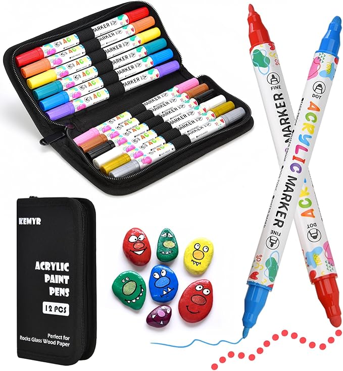 12 Colors Acrylic Paint Pens, Dual Tip Acrylic Paint Markers for Paper, Wood, Canvas, Stone, Rock Painting, Glass, Fabric, DIY, Ceramic, Art Supplies for Kids and Adults Drawing (Dot + Fine)