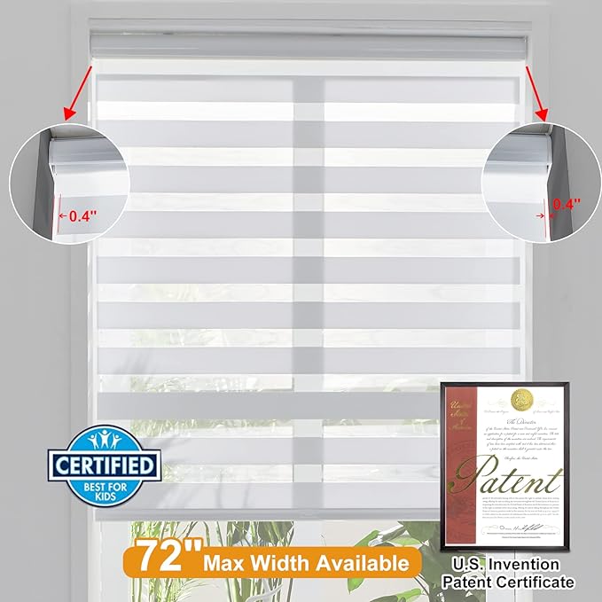 Persilux Zebra Shades Cordless, Light Filtering Roller Blinds for Windows (23" W x 72" H, White) Light Control for Day and Night, Sheer Shades for Home, Office, Bedroom, Bathroom