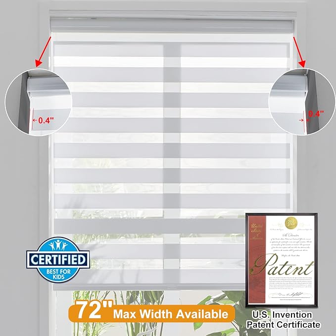 Persilux Cordless Zebra Blinds for Windows (59" W X 47" H, White) Free-Stop Dual Layer Roller Windows Shades for Day and Night, Light Filtering Sheer Shades for Home, Bedroom, Easy to Install