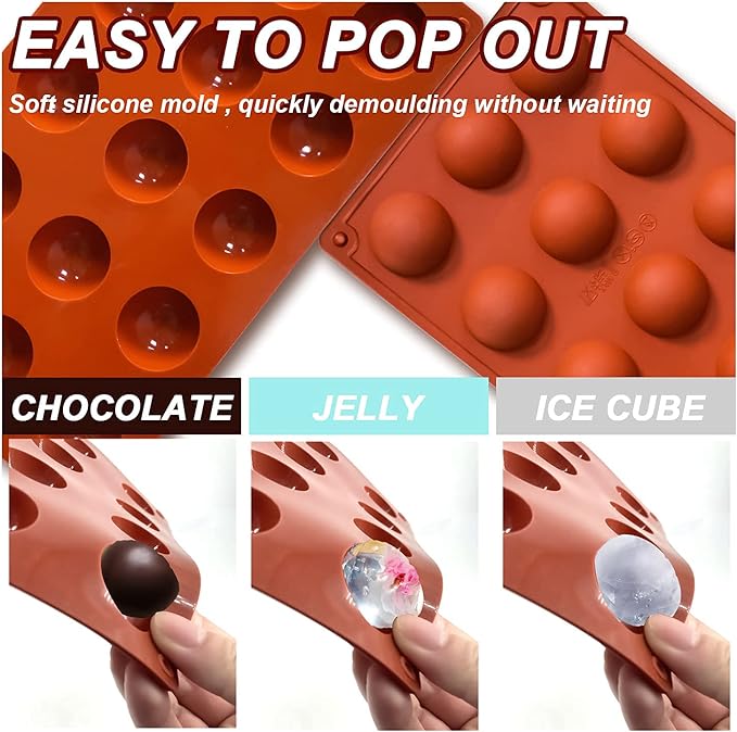 Small 15-Cavity Semi Sphere Silicone Molds Non-Stick,2 Packs Half Sphere Silicone Baking Molds for Making Jelly, Chocolates and Cake