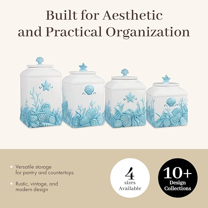 Young's Inc. 4 Pcs Set Blue Lagoon Nautical Ceramic Canisters- Storage Container for Kitchen and Bathroom - Beautiful Home Decor Accent to Store Food, Coffee, Tea, and More - White, Blue