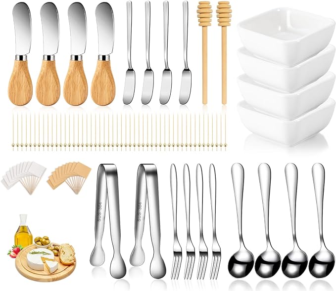 Charcuterie Board Accessories With 3 Oz Ceramic Dip Bowls, Wooden Handle Silver Cheese Spreader Butter Knive Set Kit, Mini Tongs, Spoons, Forks,Honey Dipper, Cocktail Picks