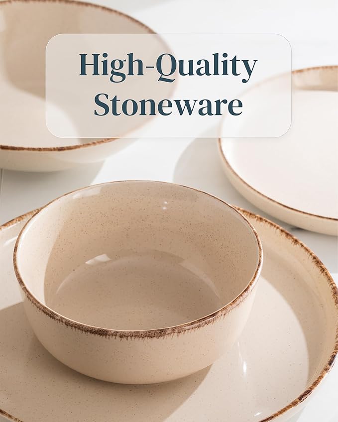 Earthenware dinnerware set 4 persons Rustic 16 pcs - Rustic design dinnerware set, dishwasher safe - Bowl and plate set - Pure Living dinnerware in beige…