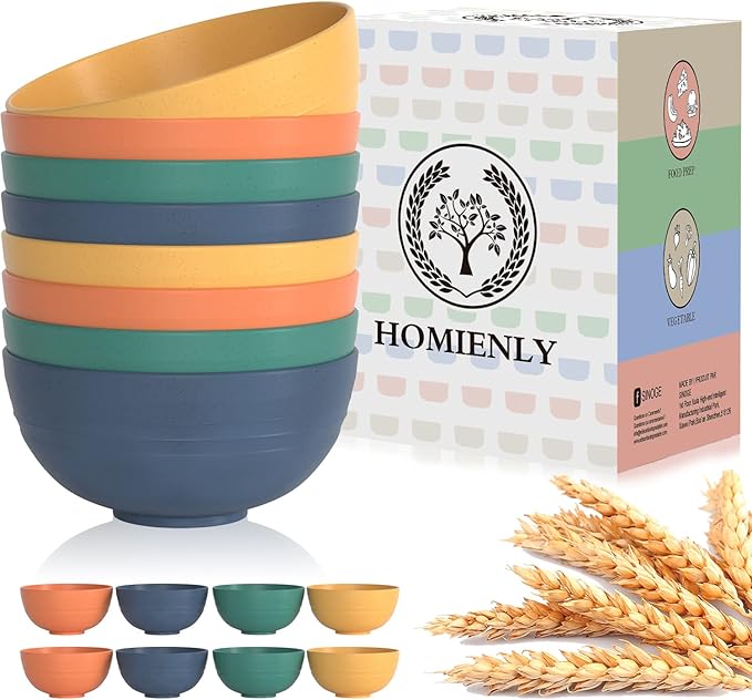 Homienly Plastic Bowls Alternative, Unbreakable Wheat Straw Cereal Bowls 8 PCS - Microwave & Dishwasher Safe Bowl for Cereal, Snack, Rice, Salad, Soup Bowls for Kitchen, Camping, Party(Muliti,26 OZ)