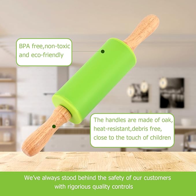 Mini Silicone Rolling Pin for Kids, Non-stick Surface Wood Handle, 9 Inch 1 Pack Red Christmas Tree
