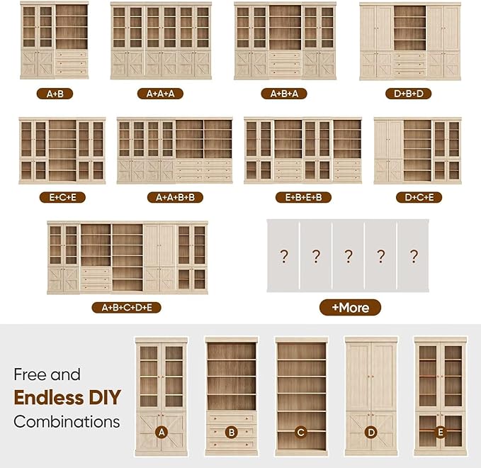70.8" Tall Bookshelf with Doors, Farmhouse Modular Bookcase with 4-Tier Adjustable Shelves, Large Storage Cabinet for Home Office, Living Room, Brown, Set of 2