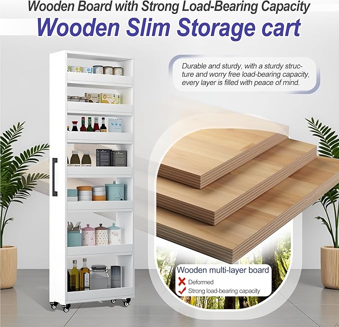 7-Tier Slim Storage Cart, Wooden Rolling Pantry Cabinet with Wheels, Narrow Shelf Organizer for Kitchen, Bakers Rack, Dining Room, Closet, Small Spaces Light Walnut 73.2''H*5.9''W*23.6''D