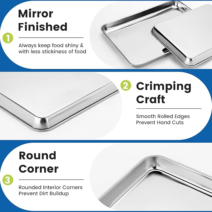 6 Pack Stainless Steel Baking Sheet Pans, 10.5" L × 8" W × 1" H Cookie Sheets for Toaster Oven, Rust-Resistant, Dishwasher Safe