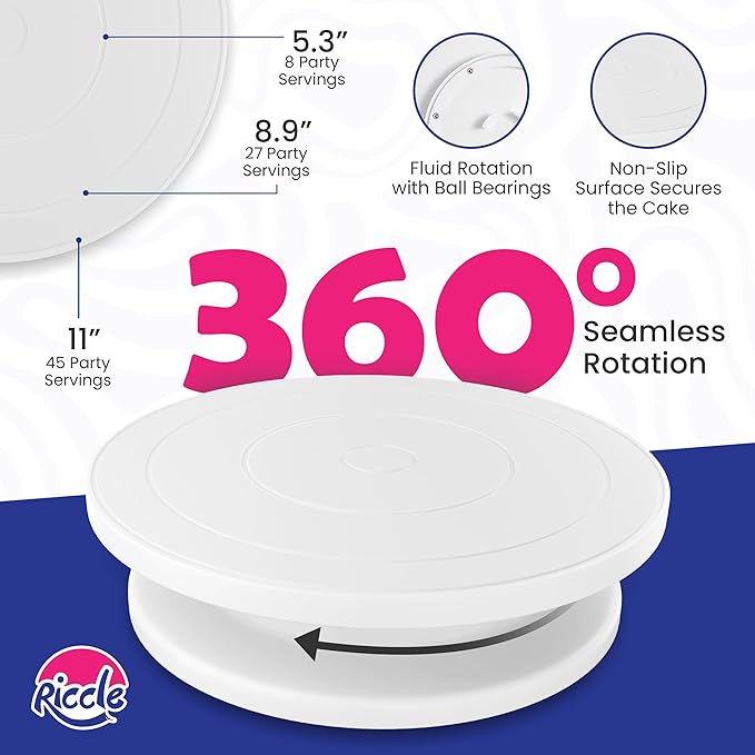 Riccle 94 pcs Cake Decorating Kit with Cake Turntable - Includes 50pcs 12 Inch Disposable + 2 Reusable Piping Bags and Tips Set, 24 Icing Piping Tips, 2 Spatulas, 3 Icing Comb Scraper, 6 Cake Liners