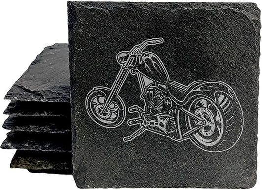 Level Up Your Man Cave: Rustic Chopper Coasters for The Motorcycle Enthusiast - Square Slate - Set of 4