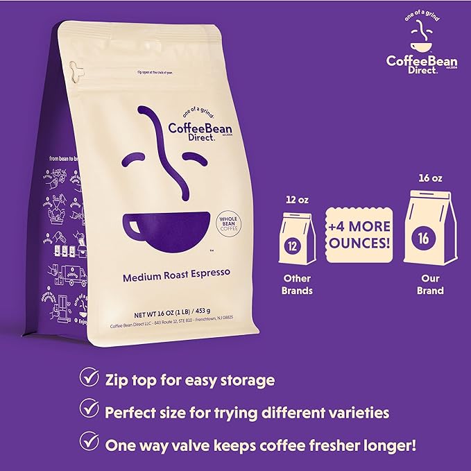 Coffee Bean Direct Medium Roast Espresso, Whole Bean Coffee, Medium Roast, 1 Pound Bag (Pack of 1)