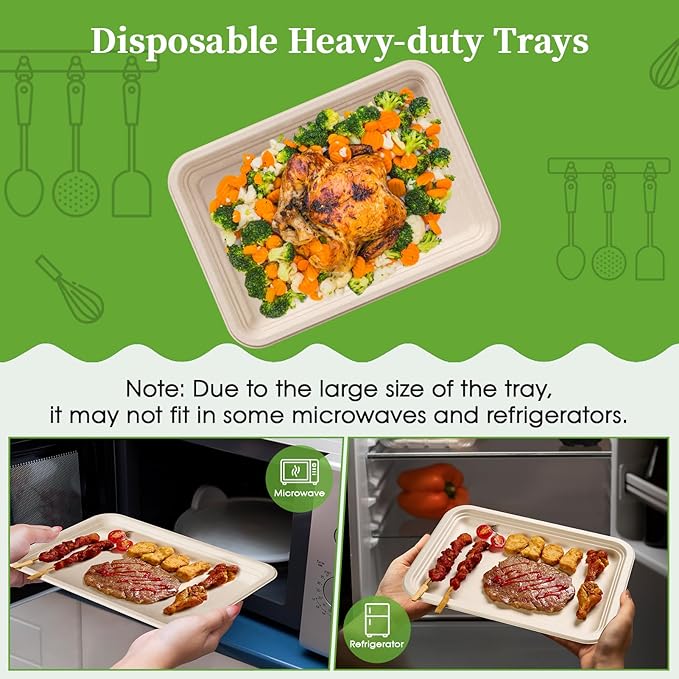 ECOLipak 50 Pack 14 Inch Disposable Food Crawfish Trays, Compostable Large Paper Plates, Disposable Thanksgiving Trays for Serving Food, Turkey, BBQ, Seafood Boil Party Supplies(Nature)