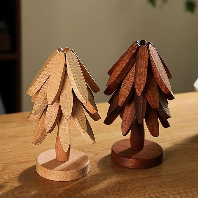 Natural Wood Tree Trivet Set, 𝐍atural Tree Trivet Set - 4 Wooden Trivets,4 Wooden 𝐓rivets & 1 Stand Like a Christmas Trees,for Hot Dish,Pot,Bowl,Teapot,Hot Pot Sets (Natural Wood 5 Trivets,1set)