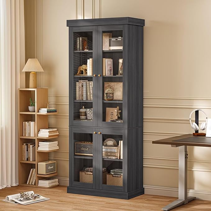 70.8" Tall Farmhouse Bookshelf, Modular Bookcase with Glass Doors, 6-Tier Adjustable Shelves, Large Storage Cabinet for Kitchen, Living Room, Black, Set of 3