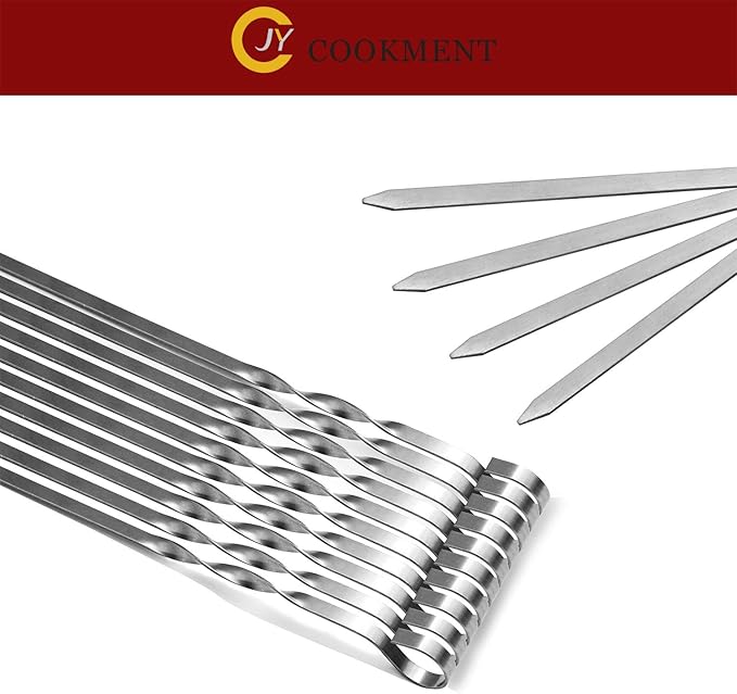 Kabob Skewers 14" Stainless Steel Long BBQ Barbecue Skewers, Flat Metal Kebob Sticks Wide Reusable Grilling Skewers for Meat Chicken, Set of 12pcs with Storage Bag by JY COOKMENT