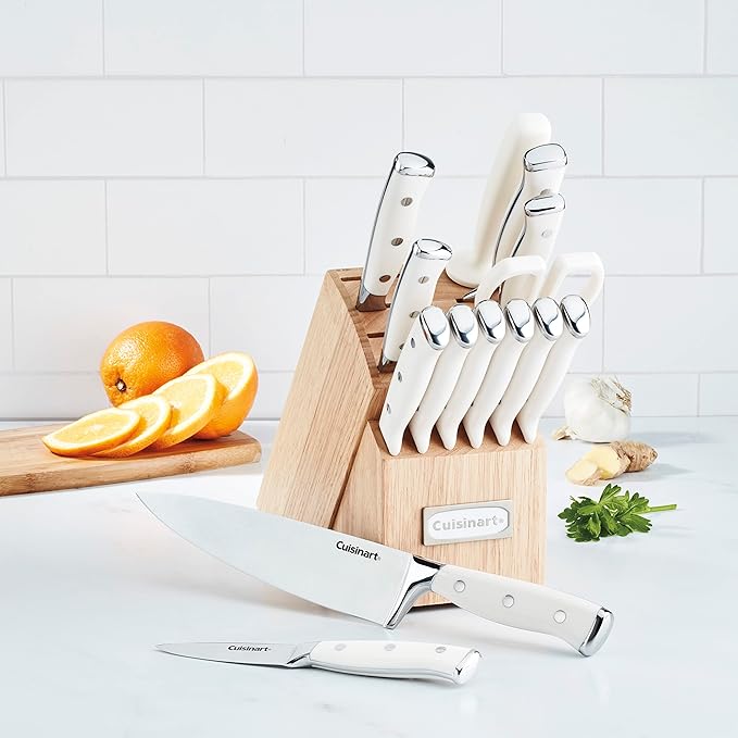 Cuisinart 15-Piece Knife Set with Block, High Carbon Stainless Steel, Forged Triple Rivet, Natural C77CTR-15P