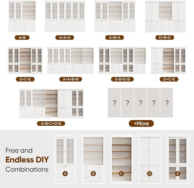 70.8" Bookshelf with Glass Doors, Farmhouse Modular Bookcase with 6-Tier Adjustable Shelves, Large Storage Cabinet for Living Room & Home Office, Set of 2, White