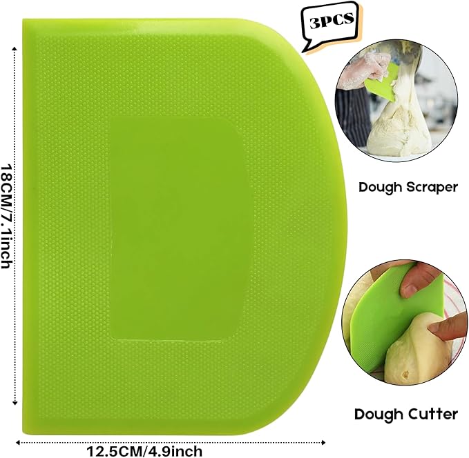 SURDOCA Dough Scraper Bench Scraper - 3P 7.1x4.9" Plastic Flexible Bowl Scraper, Sharp Edge & Angles Cake Scraper. Non-Slip Bakeware Decorating Tools Sculpting & Modeling Tools - Green+Blue+White