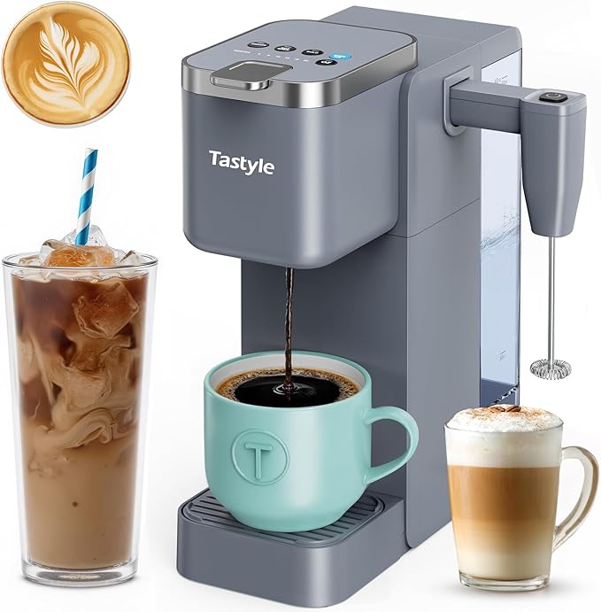 Single Serve Coffee Maker with Built-in Detachable Milk Frother, Iced and Hot Coffee Machine for K Cup & Grounds, 40oz Removable Water Reservoir, 6 Cup Sizes, Fits 7.3" Travel Mug, Gray