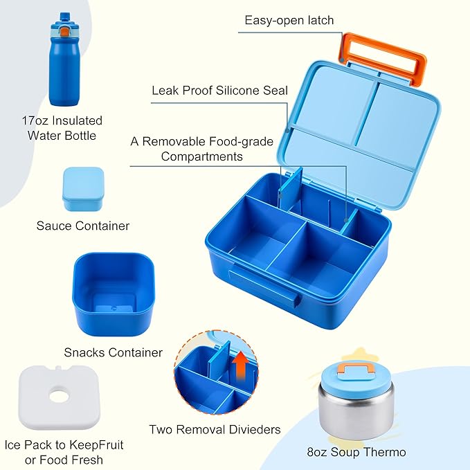 MAISON HUIS Bento Box for Kids with 8oz Soup Thermo, Leak-proof Lunch Food Containers with 5 Compartment, Insulated Lunch Bag & 17oz Stainless Steel Water Bottle for School, Trvael
