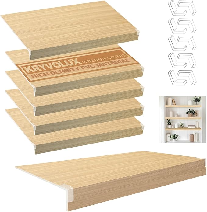 5 Pcs Wire Rack Covers 16x9x3 inch PVC Pantry Shelf Cover 0.31 inch Thick Removable Closet Wire Rack Shelf Covers,Decoration Kitchen Bathroom Office Shelving (Wood Color,16x9x3 inch)