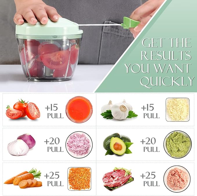 Ourokhome Manual Food Processor Vegetable Chopper, Portable Hand Pull String Garlic Mincer Onion Cutter for Veggies, Ginger, Fruits, Nuts, Herbs, etc., 650ml, Green
