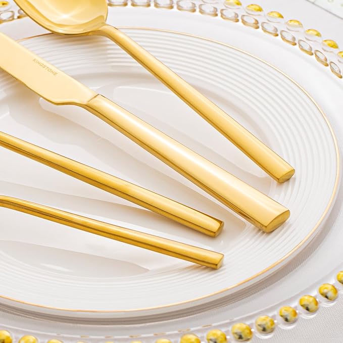 KINGSTONE Gold Silverware Set, 40-Piece Forged Flatware Set Cutlery Set Premium Stainless Steel, Service for 8, for Kitchen, Home, Wedding, Party, Mirror Polished Dishwasher Safe