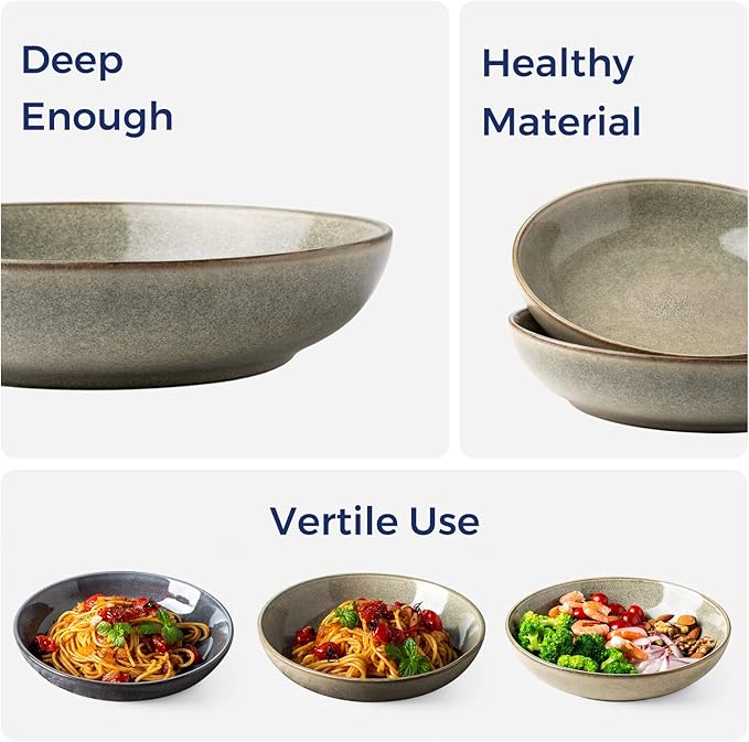 AmorArc 8.5'' Large Pasta Bowls, 36oz Stoneware Pasta Serving Bowls Set of 6 for Kitchen, Wide Bowls for Pasta,Salad,Oatmeal, Microwave Safe, Reactive Glaze