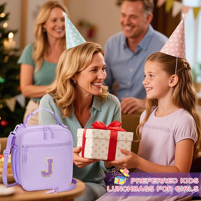 Initial Insulated Lunch Bag for Girls Kids, Back to School Gift, Reusable Leak-proof Lunch Box with Adjustable Strap for School Daycare Travel Picnic (Purple,J)