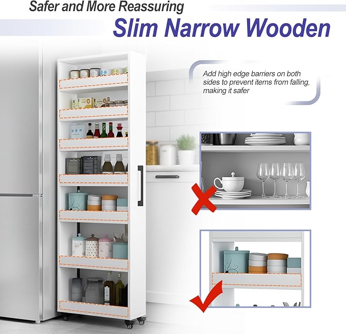 7-Tier Slim Storage Cart, Wooden Rolling Pantry Cabinet with Wheels, Narrow Shelf Organizer for Kitchen, Bakers Rack, Dining Room, Closet, Small Spaces Warm White 47.2" H*7.8" W*23.6" D