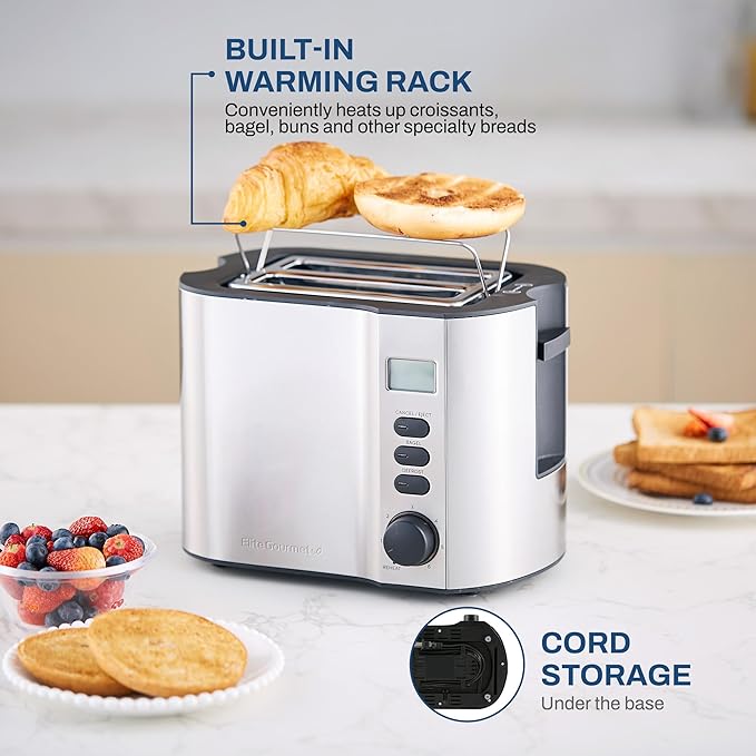 Elite Gourmet ECT2145 Extra Wide Slot 2-Slice Toaster, Bagel Function Reheat, Defrost, & Cancel Functions, 6 Toast Settings, Built-in Warming Rack, Countdown Timer, Stainless Steel