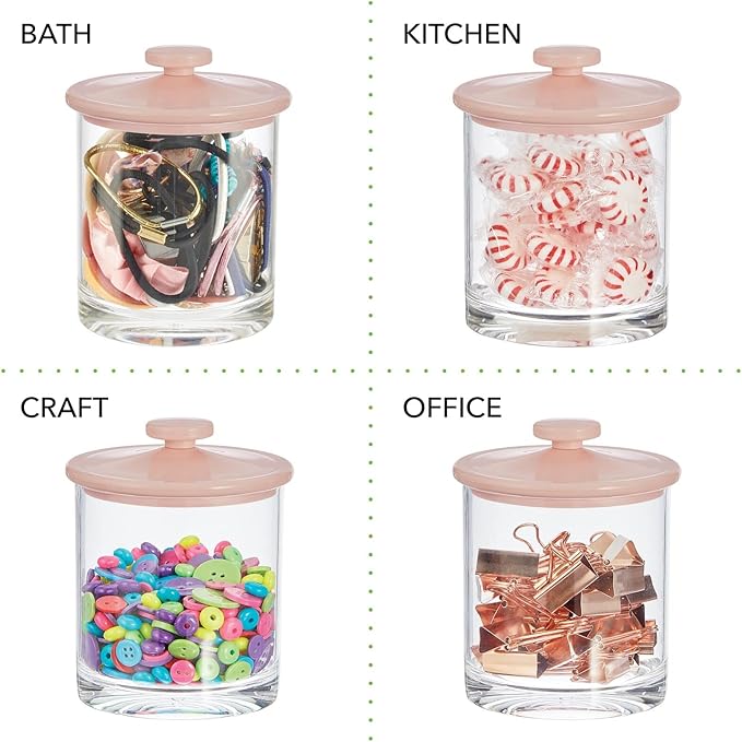 mDesign Small Modern Apothecary Storage Organizer Canister Jars - Acrylic Containers for Bathroom, Organization Holder for Vanity, Counter, Makeup Table, Lumiere Collection, 2 Pack, Clear/Light Pink