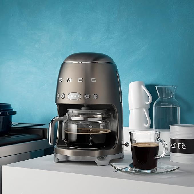 Smeg 50's Retro Style Aesthetic Drip Coffee Machine with 10 Cup Glass Carafe, Auto Start Feature, Keep Warm Plate, and Two Coffee Strength Settings (Brushed Stainless Steel)