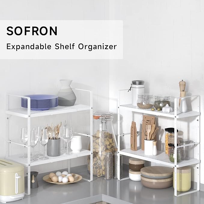 Expandable Cabinet Storage Shelf Stackable Organizer Rack for Kitchen Bathroom Pantry Spice Cupboard Coffee Countertop Home Office Desk Heavy Duty Nonslip White Large 2 Packs