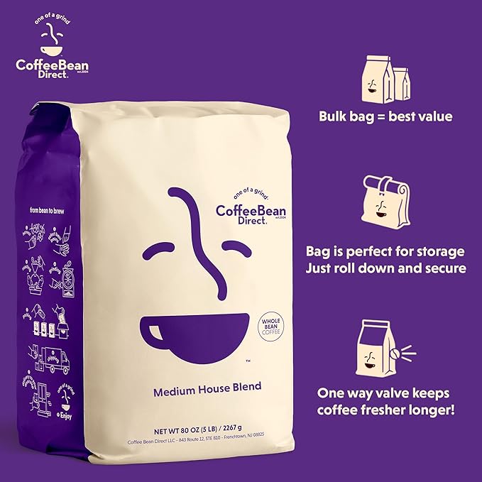 Coffee Bean Direct Medium House Blend, Whole Bean Coffee, Medium Roast, 5 Pound Bag (Pack of 1)