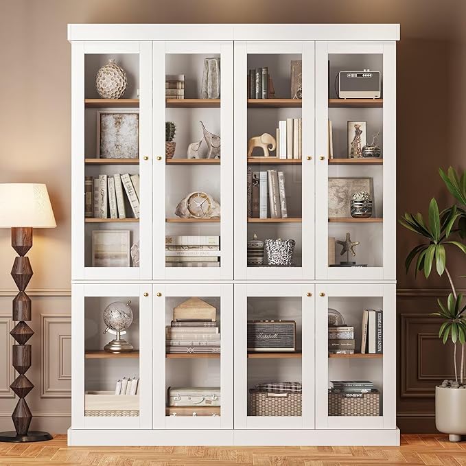 70.8" Bookshelf with Glass Doors, Farmhouse Modular Bookcase with 6-Tier Adjustable Shelves, Large Storage Cabinet for Living Room & Home Office, Set of 4, White