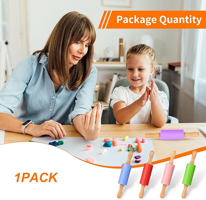 Mini Silicone Rolling Pin for Kids, Non-stick Surface Wood Handle, 9 Inch 1 Pack Yellow