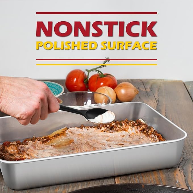 Leonyo Baking Pan with Lid Set of 2, 12⅓ x 9¾ x 2 Inch Rectangular Cake Pan, Refrige & Oven Safe Stainless Steel Deep Lasagna Pan Tray for Focaccia, Bread, Brownies, Casseroles