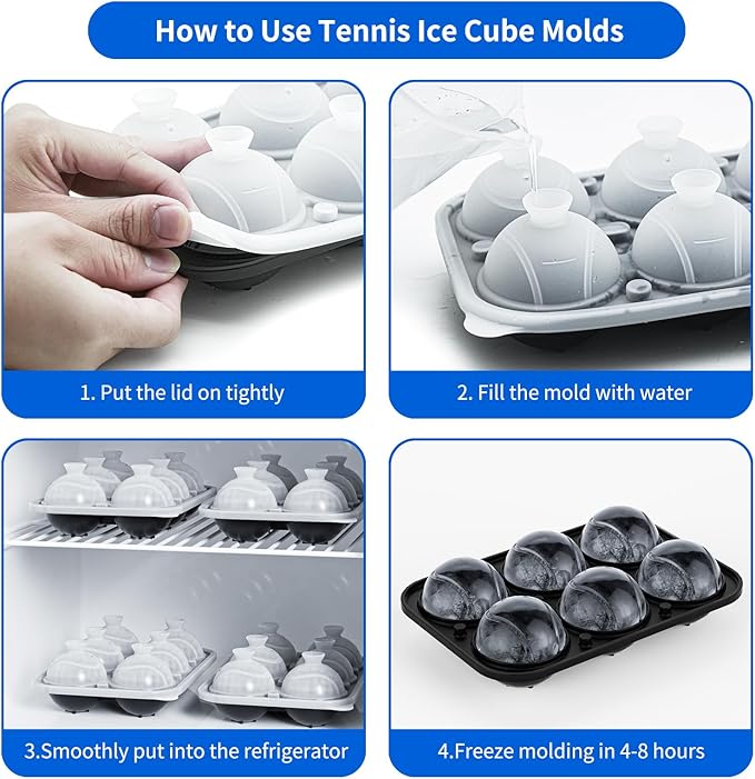 6 Chamber 2.2" 3D Tennis Gifts Ice Cube Tray With Funnel,Large Round Ice Ball Maker Mold Silicone Fun Shapes Bourbon Sphere Ice Molds,For Chilling Whiskey,Cocktails,Bourbon,Brandy and Beverages