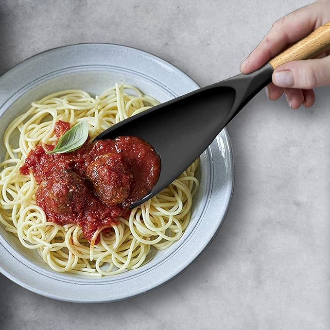 Cooking Spoon for Nonstick Cookingwares with Lengthed Wooden Handle, VOVOLY Silicone Spatula Spoon for Mixing, Scoop, and Scrape, Black, 13.4''