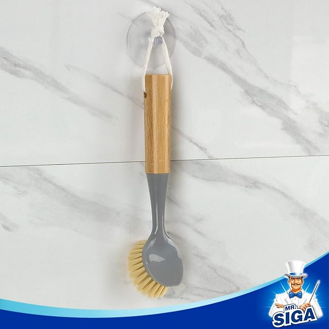 MR.SIGA Dish Brush with Bamboo Handle Built-in Scraper, Scrub Brush for Pans, Pots, Kitchen Sink Cleaning, Pack of 2