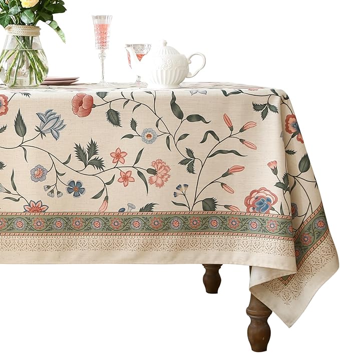 ISAENNE Designer Chinoiserie Linen Floral Long Tablecloth Rectangle,White Wrinkle Resistant Table Cloth,Elegant Decor Tablecloths for Dining Thanksgiving Kitchen Party Christmas,63"*94"-Daffy