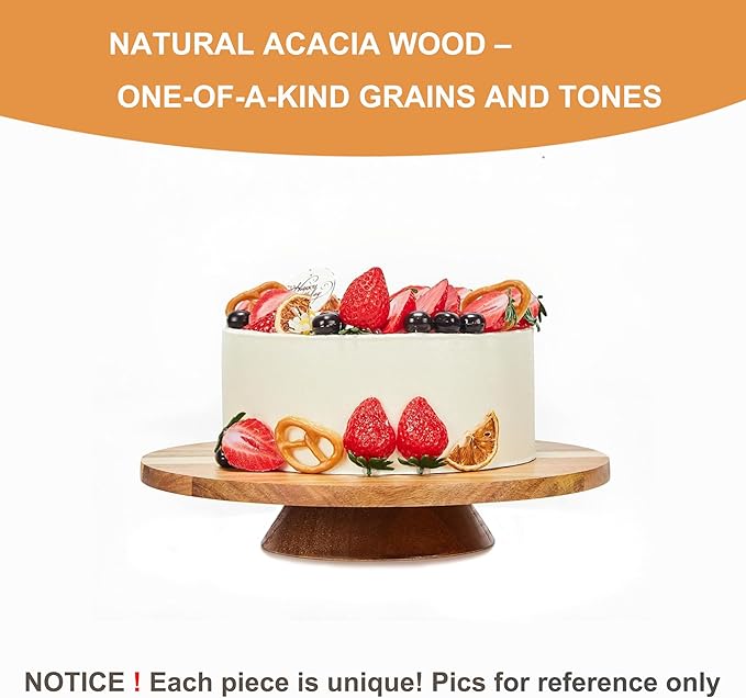 12" Acacia Wood Revolving Cake Stand, 2" High Rotating Cake Turntable with 2 Icing Spatulas, 3 Smoothers, Wooden Rotating Display Stand for Cake, Cupcake Decorating Supplies