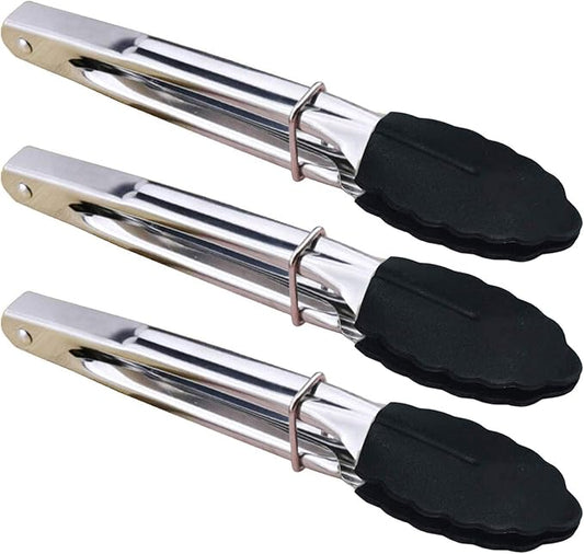Mini Tongs with Silicone Tips 7-Inch Kitchen Tongs, Set of 3 (Black)