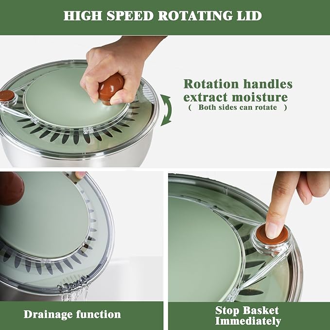 5.3Qt Stainless Steel Salad Spinner with Stop Button, Vegetable Dryer Spinner, Salad Spinner Stainless Steel with Drain, Non-Slip Base, Dishwasher Safe